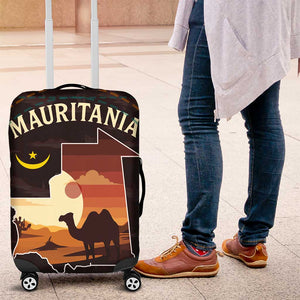 Mauritania Luggage Cover - Desert Sunset Camel Silhouette and Flag Accents