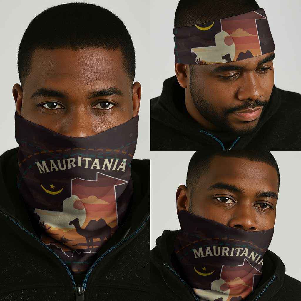 Mauritania Neck Gaiter - Desert Sunset Camel Silhouette and Flag Accents TS04