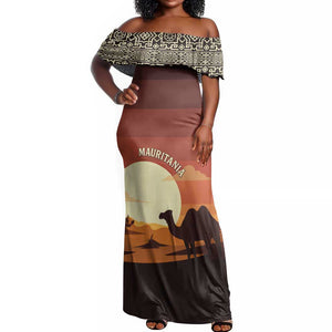 Mauritania Off Shoulder Maxi Dress - Desert Sunset Camel Silhouette and Flag Accents