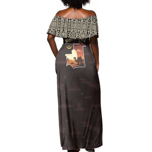 Mauritania Off Shoulder Maxi Dress - Desert Sunset Camel Silhouette and Flag Accents