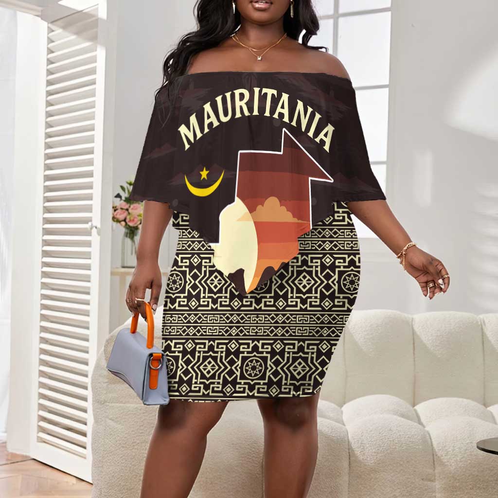 Mauritania Off Shoulder Short Dress - Desert Sunset Camel Silhouette and Flag Accents