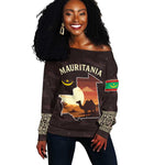 Mauritania Off Shoulder Sweater - Desert Sunset Camel Silhouette and Flag Accents