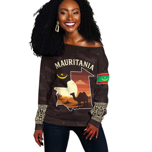 Mauritania Off Shoulder Sweater - Desert Sunset Camel Silhouette and Flag Accents