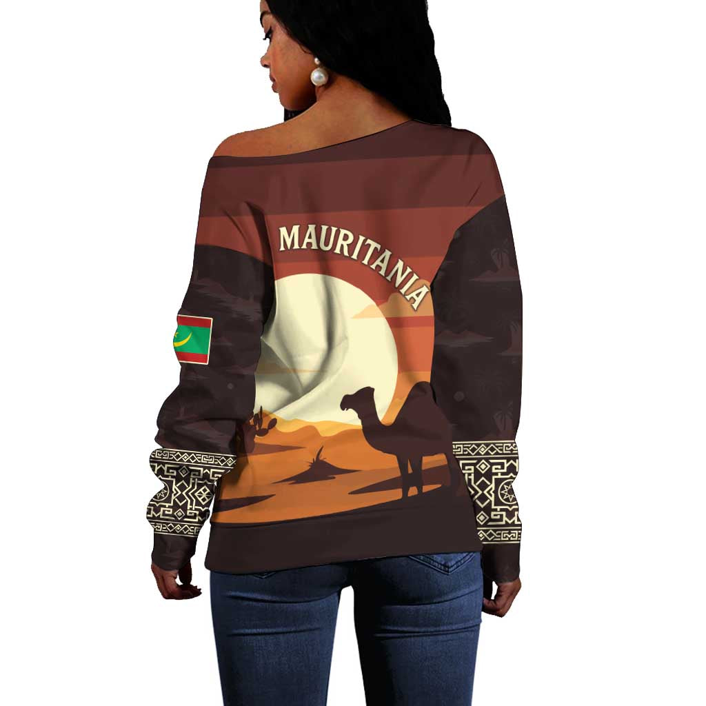 Mauritania Off Shoulder Sweater - Desert Sunset Camel Silhouette and Flag Accents