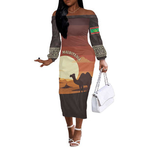 Mauritania Off The Shoulder Long Sleeve Dress - Desert Sunset Camel Silhouette and Flag Accents