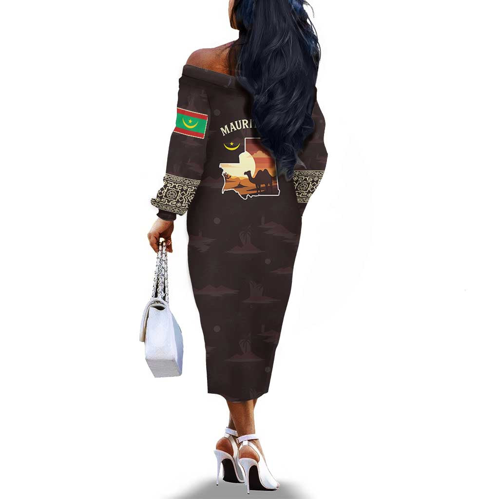 Mauritania Off The Shoulder Long Sleeve Dress - Desert Sunset Camel Silhouette and Flag Accents