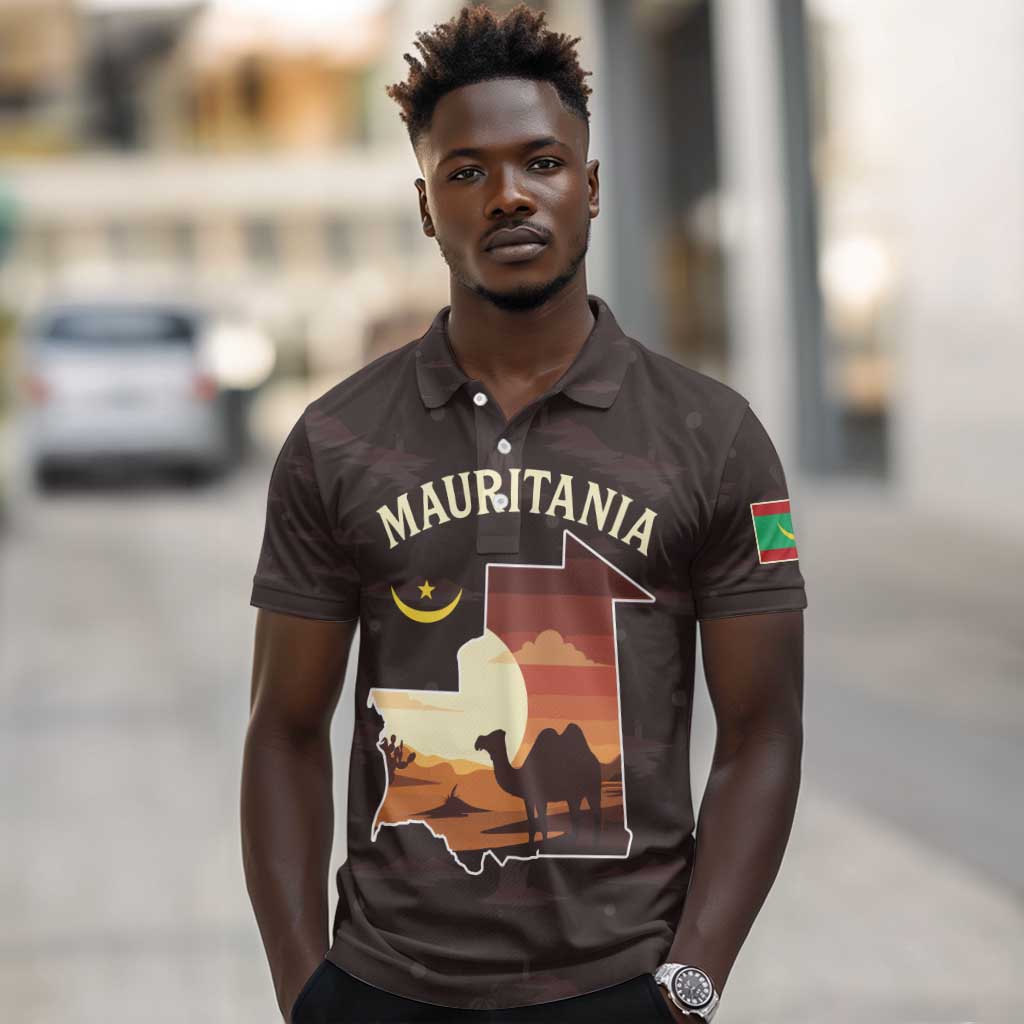 Mauritania Polo Shirt - Desert Sunset Camel Silhouette and Flag Accents