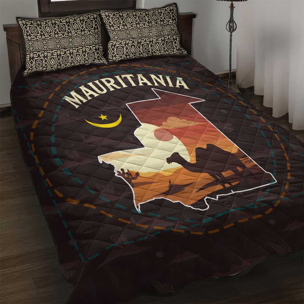 Mauritania Quilt Bed Set - Desert Sunset Camel Silhouette and Flag Accents