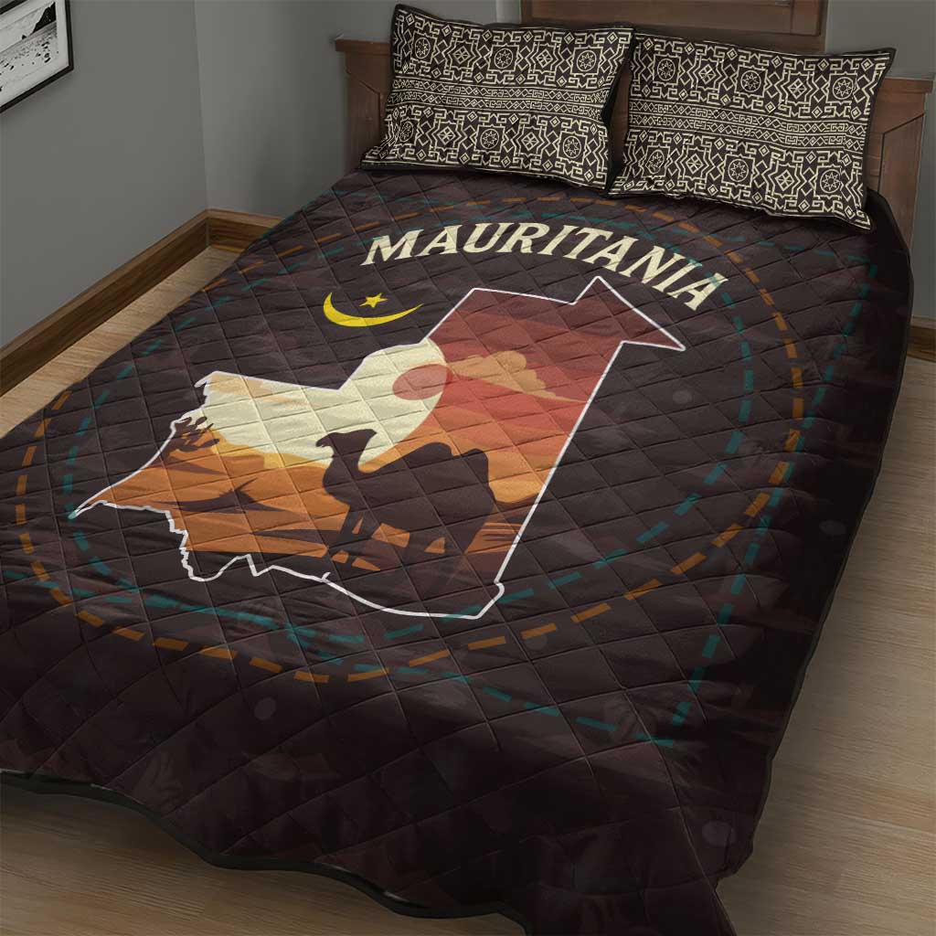 Mauritania Quilt Bed Set - Desert Sunset Camel Silhouette and Flag Accents
