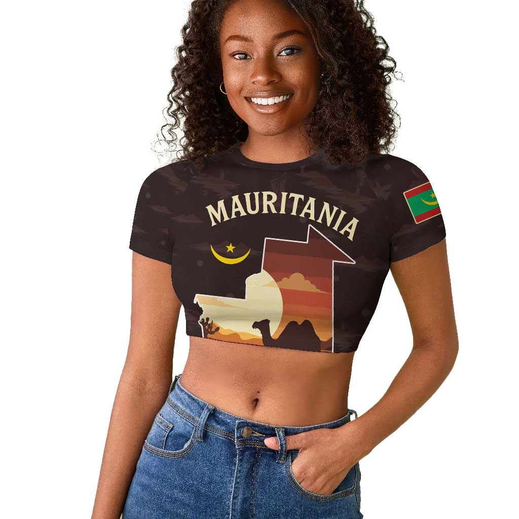 Mauritania Raglan Cropped T shirt - Desert Sunset Camel Silhouette and Flag Accents