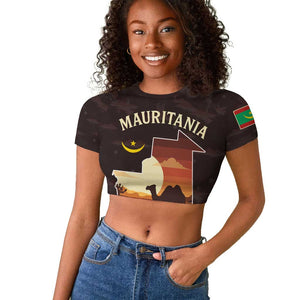 Mauritania Raglan Cropped T shirt - Desert Sunset Camel Silhouette and Flag Accents