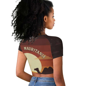Mauritania Raglan Cropped T shirt - Desert Sunset Camel Silhouette and Flag Accents