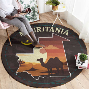 Mauritania Round Carpet - Desert Sunset Camel Silhouette and Flag Accents