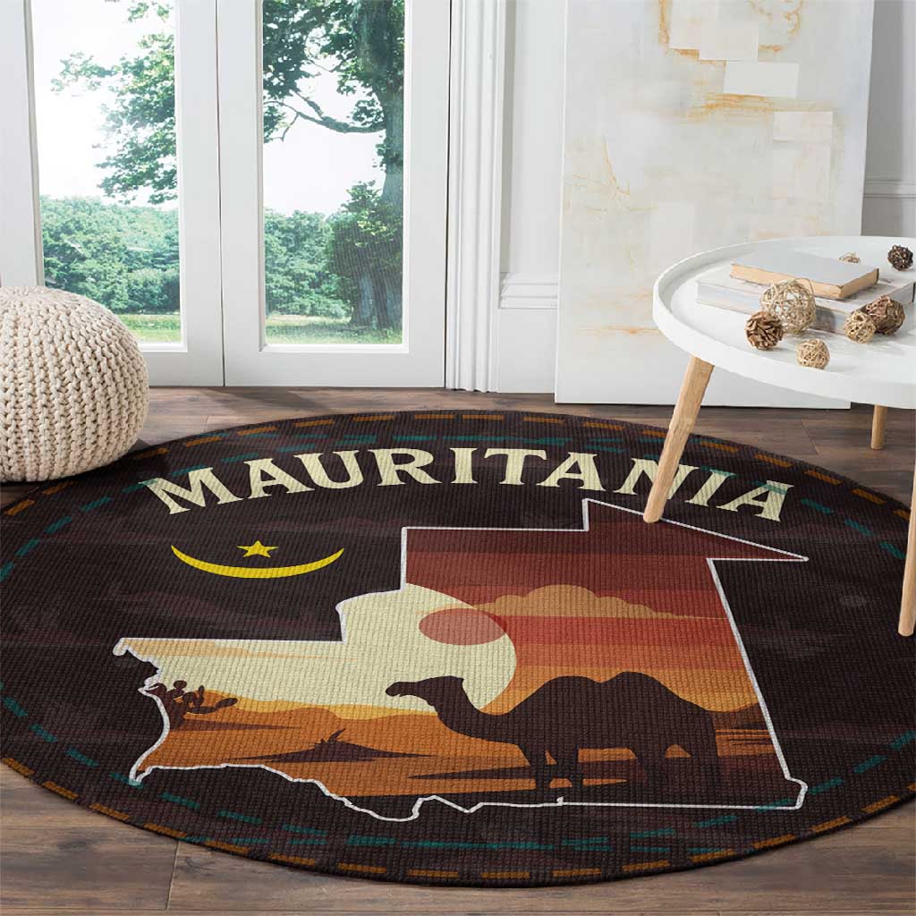 Mauritania Round Carpet - Desert Sunset Camel Silhouette and Flag Accents
