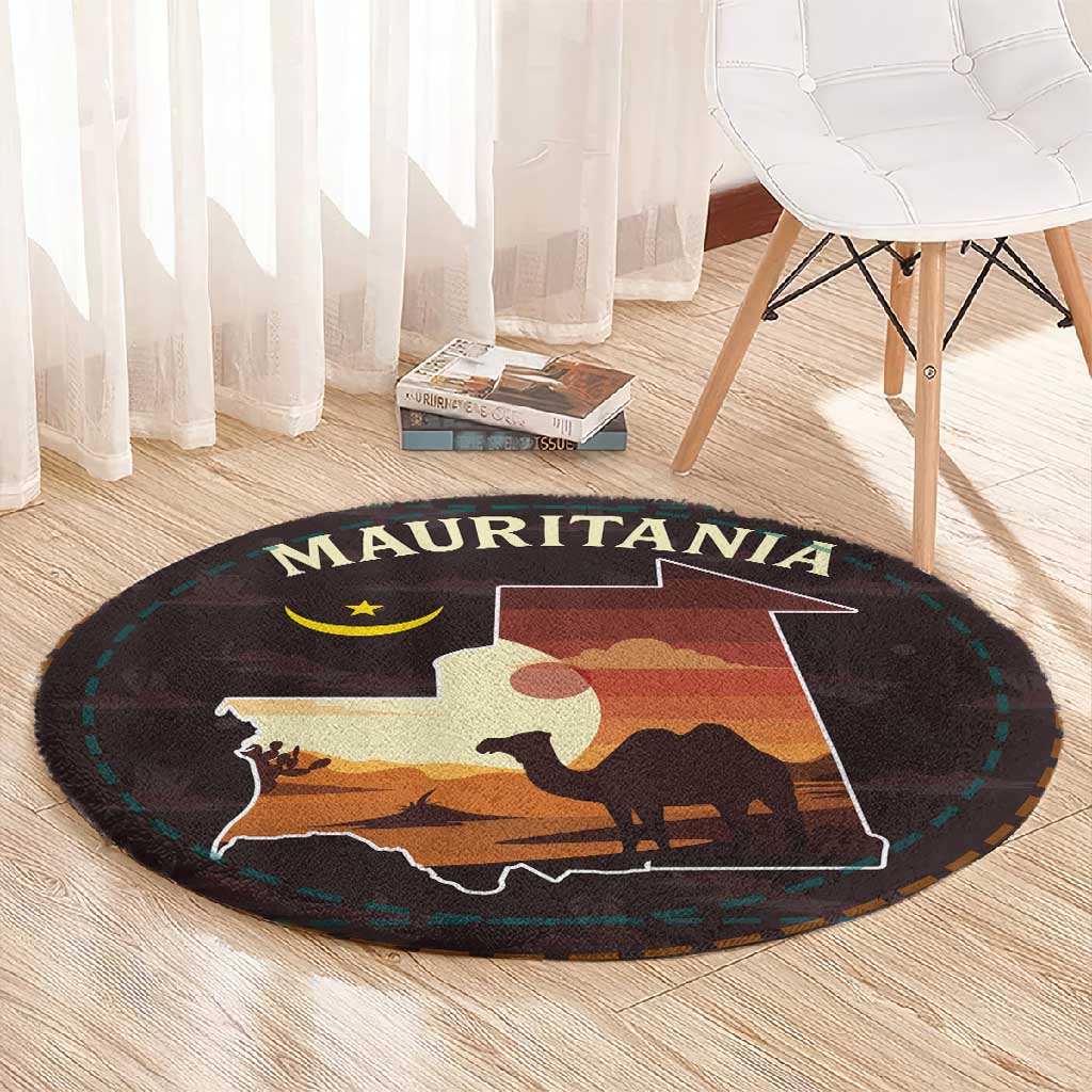 Mauritania Round Carpet - Desert Sunset Camel Silhouette and Flag Accents