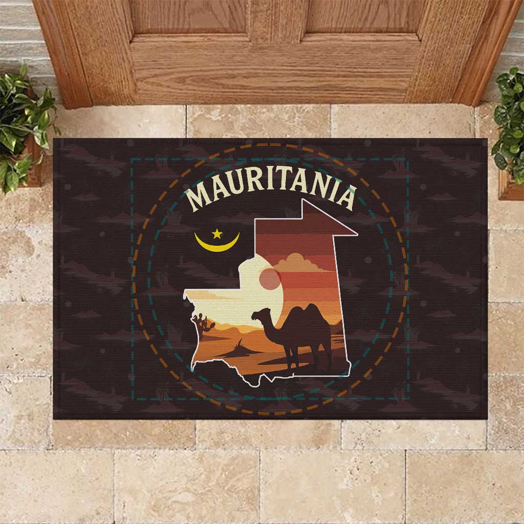 Mauritania Rubber Doormat - Desert Sunset Camel Silhouette and Flag Accents
