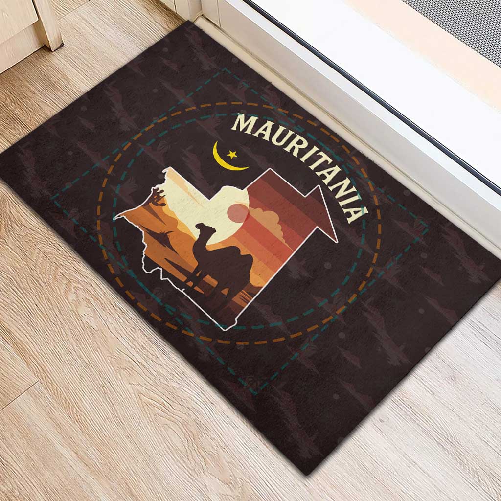 Mauritania Rubber Doormat - Desert Sunset Camel Silhouette and Flag Accents