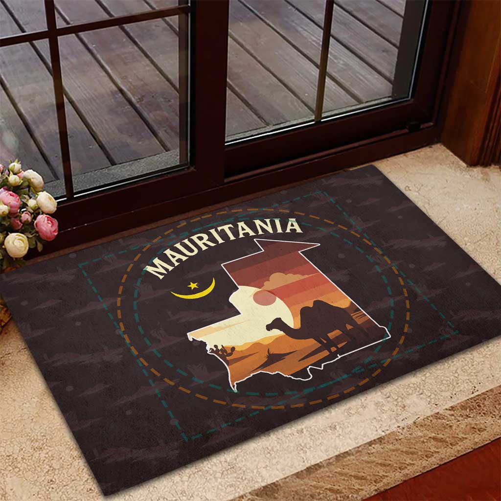 Mauritania Rubber Doormat - Desert Sunset Camel Silhouette and Flag Accents
