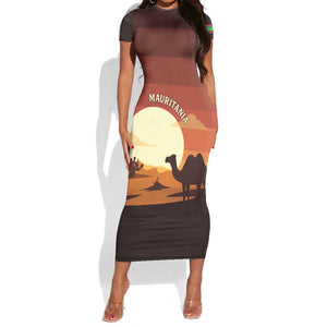 Mauritania Short Sleeve Bodycon Dress - Desert Sunset Camel Silhouette and Flag Accents TS04