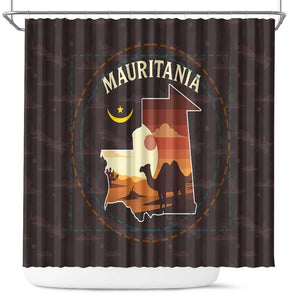 Mauritania Shower Curtain - Desert Sunset Camel Silhouette and Flag Accents
