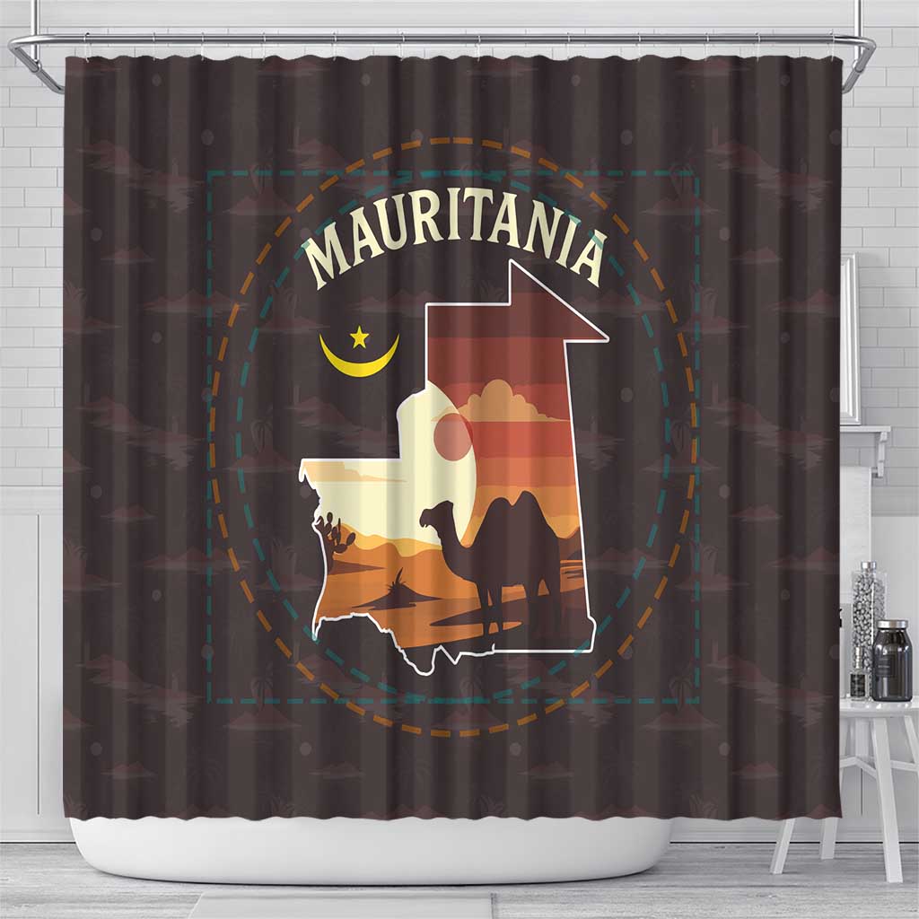 Mauritania Shower Curtain - Desert Sunset Camel Silhouette and Flag Accents