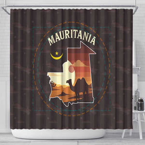 Mauritania Shower Curtain - Desert Sunset Camel Silhouette and Flag Accents