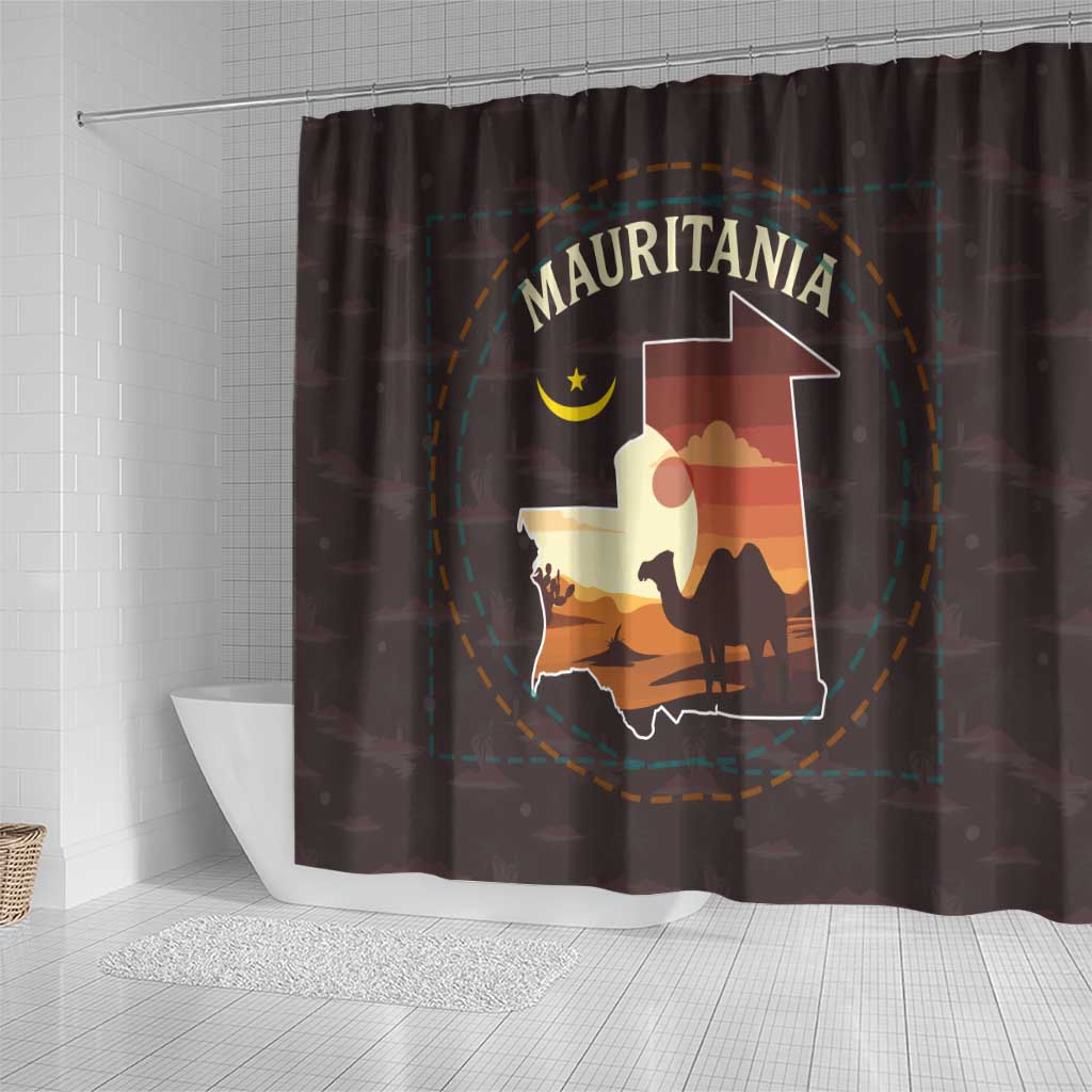 Mauritania Shower Curtain - Desert Sunset Camel Silhouette and Flag Accents