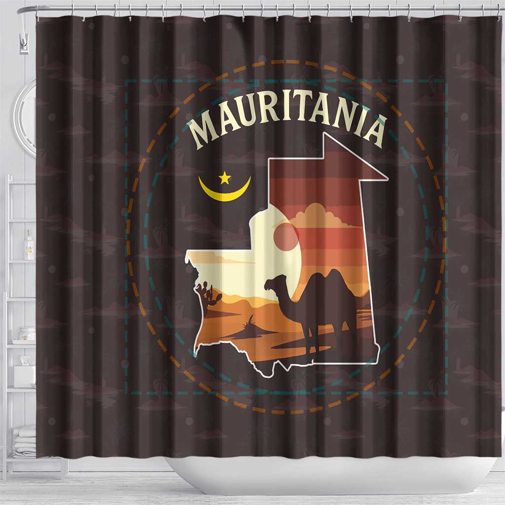 Mauritania Shower Curtain - Desert Sunset Camel Silhouette and Flag Accents