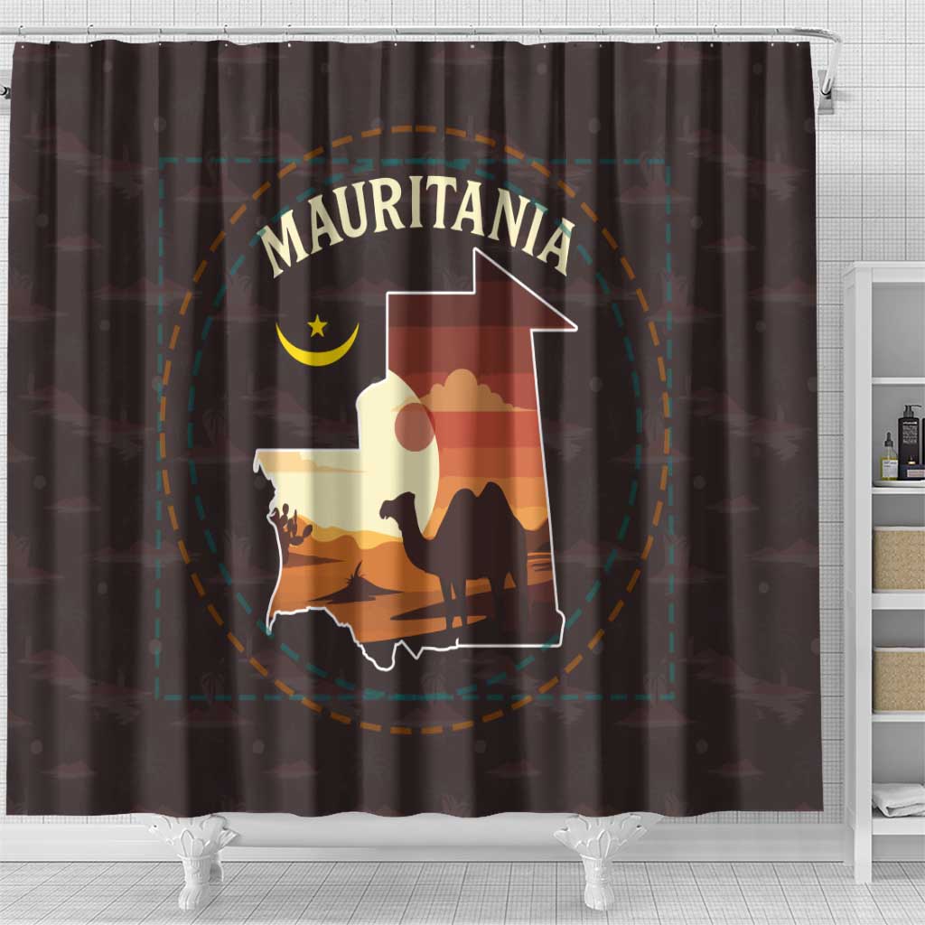 Mauritania Shower Curtain - Desert Sunset Camel Silhouette and Flag Accents