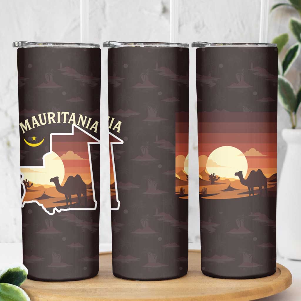 Mauritania Skinny Tumbler - Desert Sunset Camel Silhouette and Flag Accents
