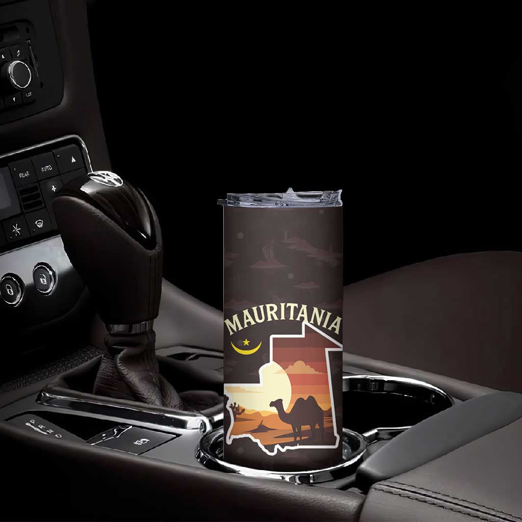 Mauritania Skinny Tumbler - Desert Sunset Camel Silhouette and Flag Accents