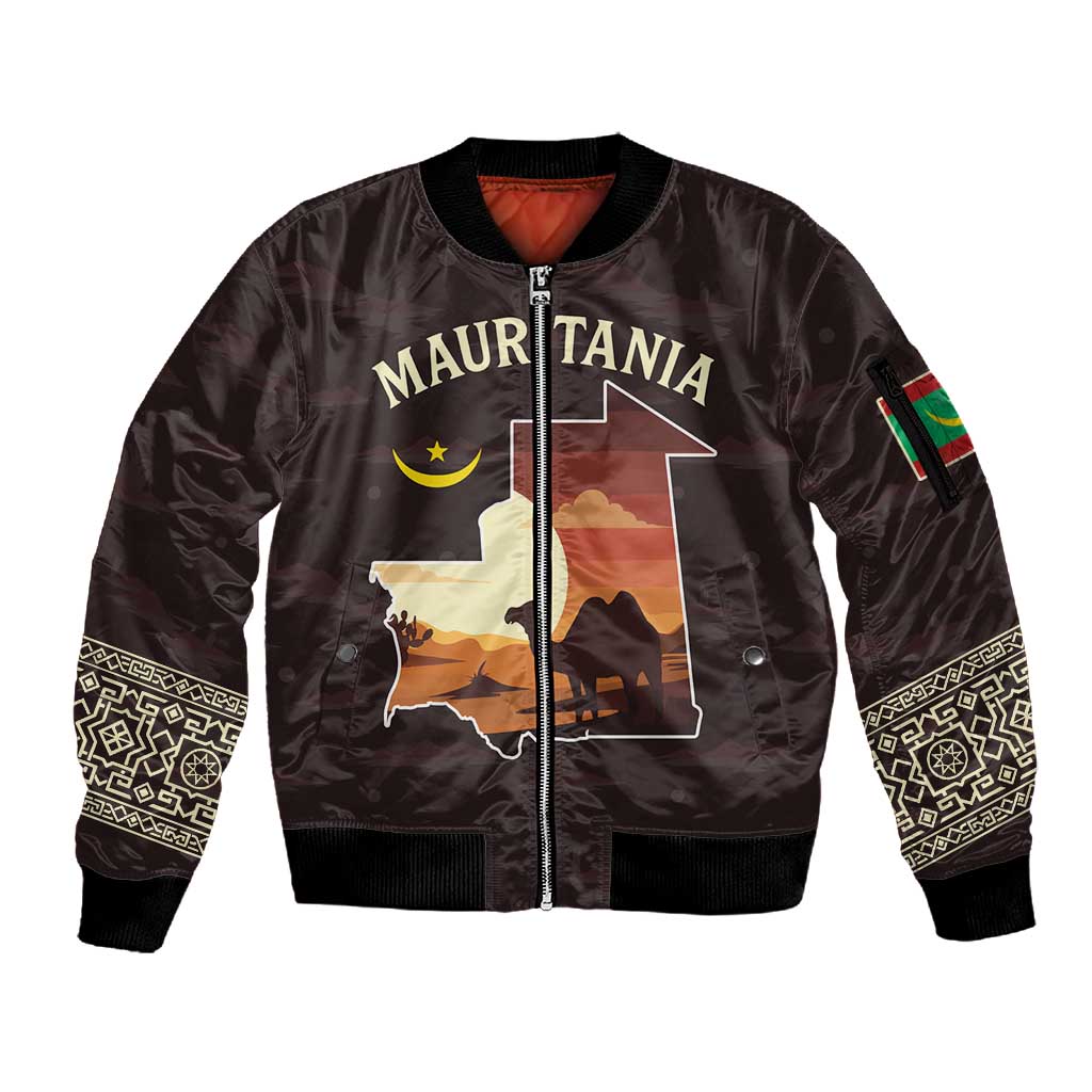 Mauritania Sleeve Zip Bomber Jacket - Desert Sunset Camel Silhouette and Flag Accents