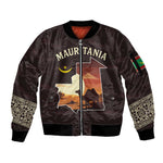 Mauritania Sleeve Zip Bomber Jacket - Desert Sunset Camel Silhouette and Flag Accents