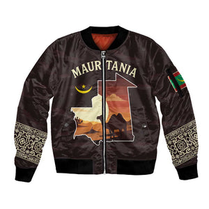 Mauritania Sleeve Zip Bomber Jacket - Desert Sunset Camel Silhouette and Flag Accents