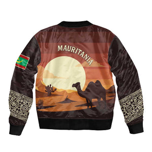 Mauritania Sleeve Zip Bomber Jacket - Desert Sunset Camel Silhouette and Flag Accents