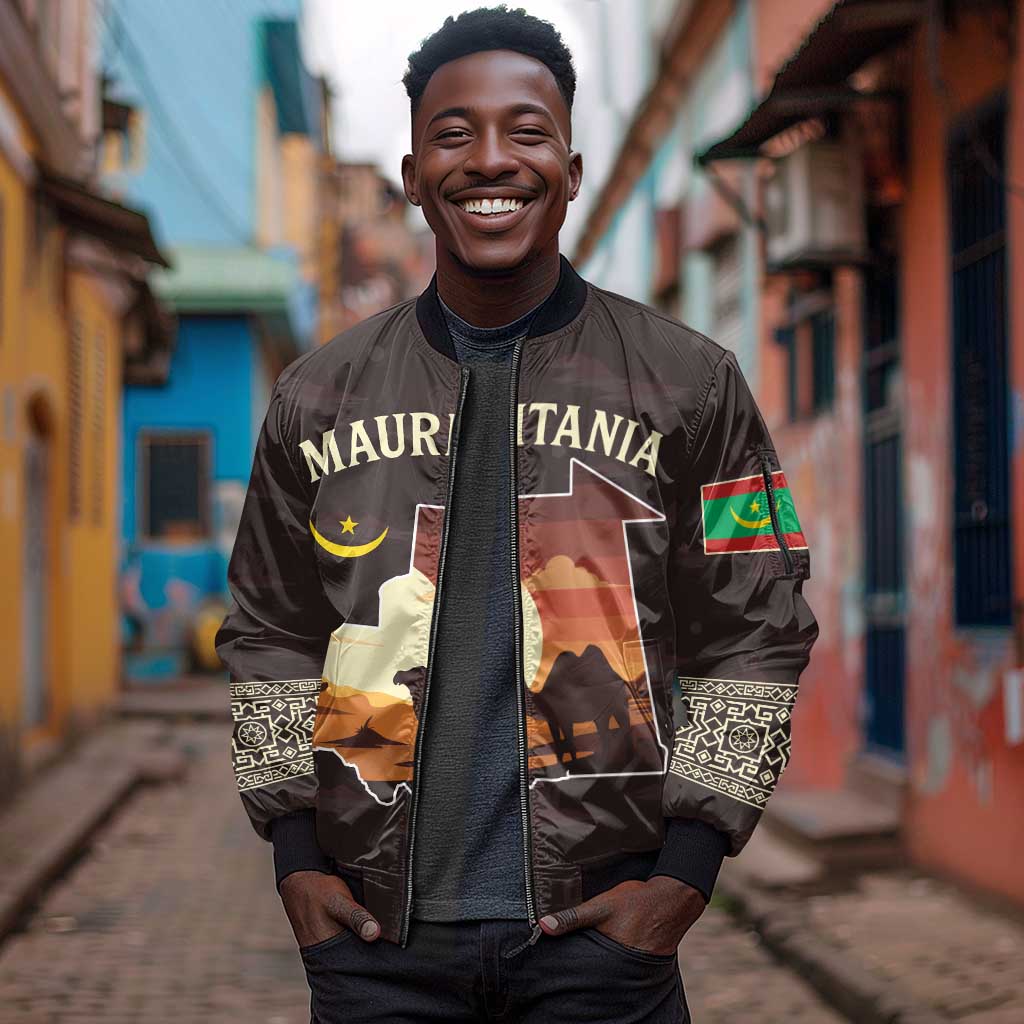 Mauritania Sleeve Zip Bomber Jacket - Desert Sunset Camel Silhouette and Flag Accents