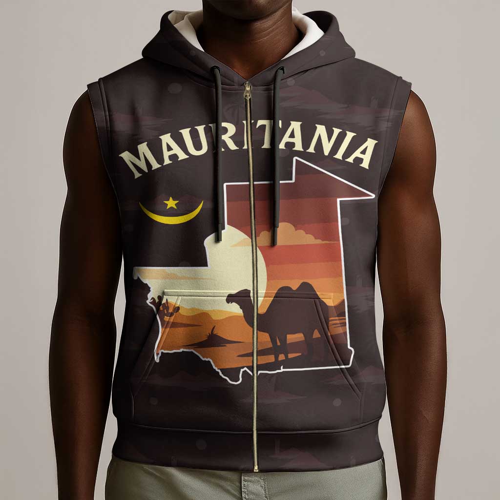 Mauritania Sleeveless Zip Hoodie - Desert Sunset Camel Silhouette and Flag Accents - African Pride