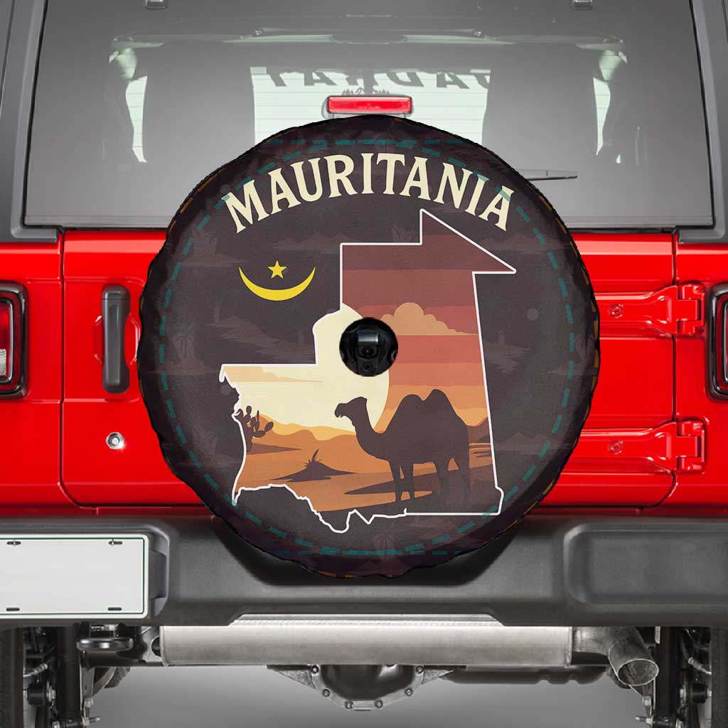 Mauritania Spare Tire Cover - Desert Sunset Camel Silhouette and Flag Accents
