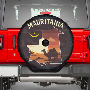 Mauritania Spare Tire Cover - Desert Sunset Camel Silhouette and Flag Accents