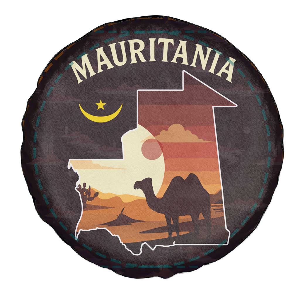 Mauritania Spare Tire Cover - Desert Sunset Camel Silhouette and Flag Accents
