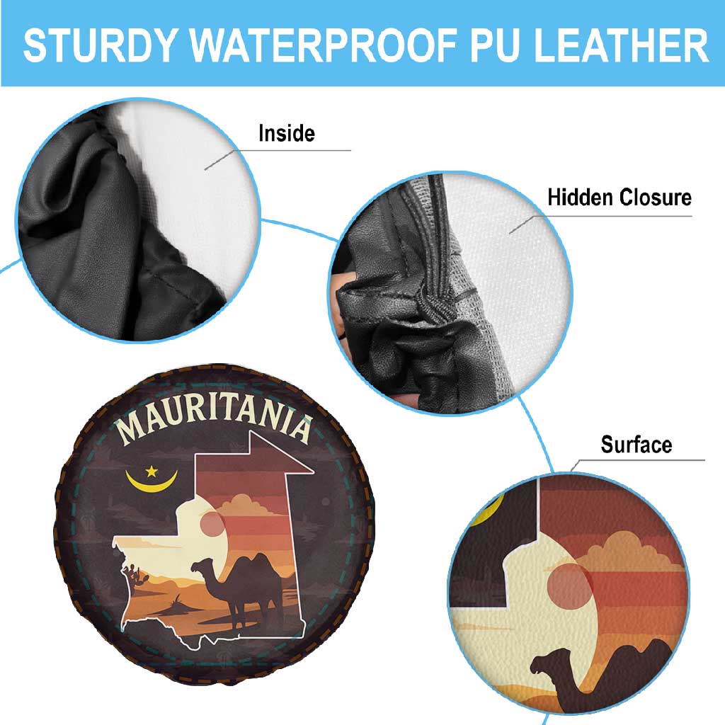 Mauritania Spare Tire Cover - Desert Sunset Camel Silhouette and Flag Accents