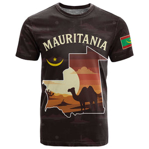 Mauritania T shirt - Desert Sunset Camel Silhouette and Flag Accents