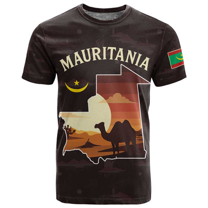 Mauritania T shirt - Desert Sunset Camel Silhouette and Flag Accents