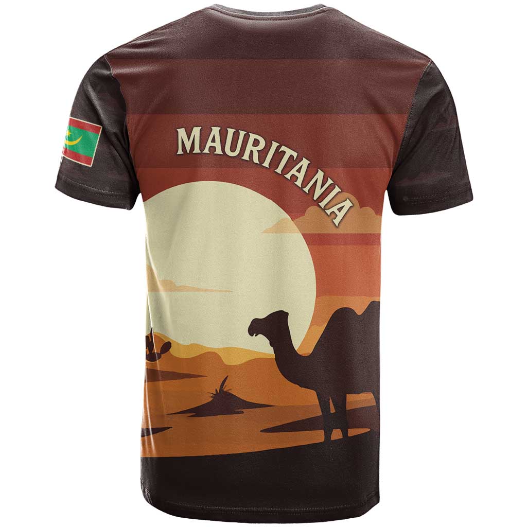 Mauritania T shirt - Desert Sunset Camel Silhouette and Flag Accents