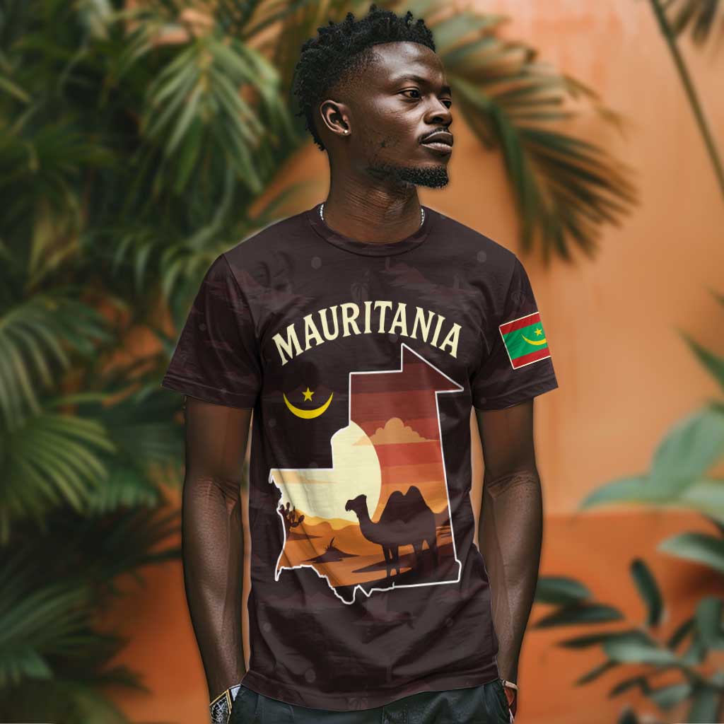Mauritania T shirt - Desert Sunset Camel Silhouette and Flag Accents