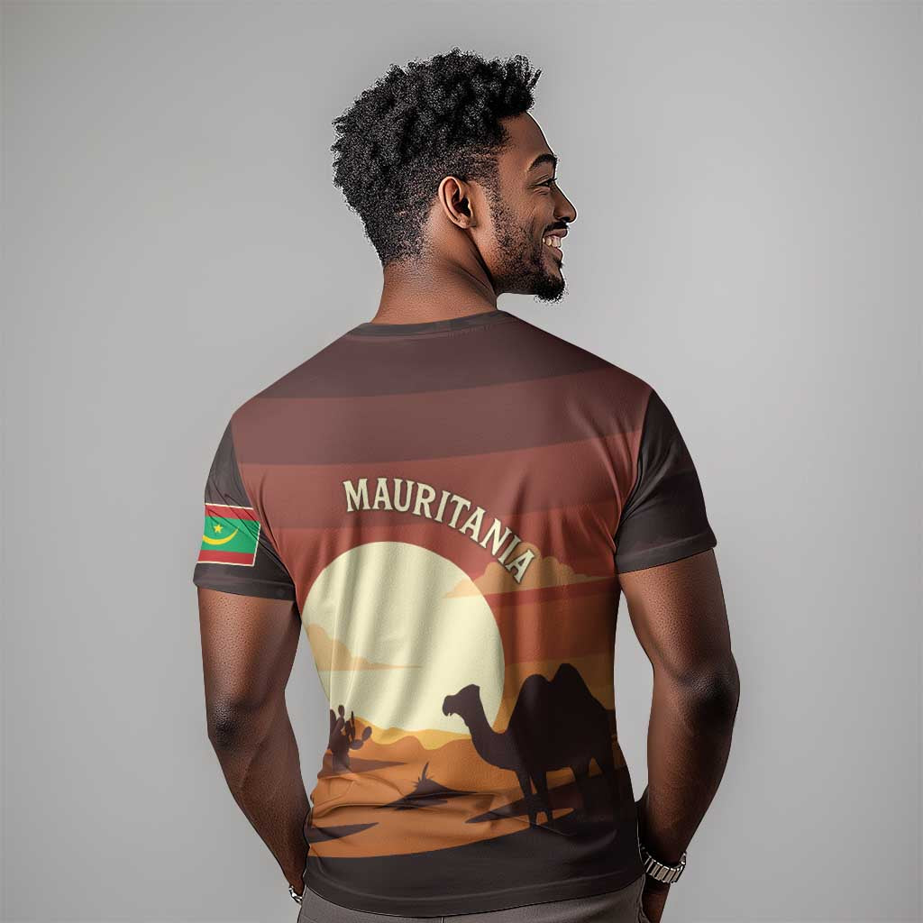 Mauritania T shirt - Desert Sunset Camel Silhouette and Flag Accents