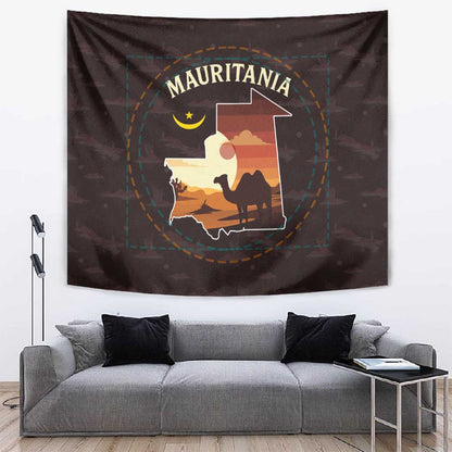 Mauritania Tapestry - Desert Sunset Camel Silhouette and Flag Accents