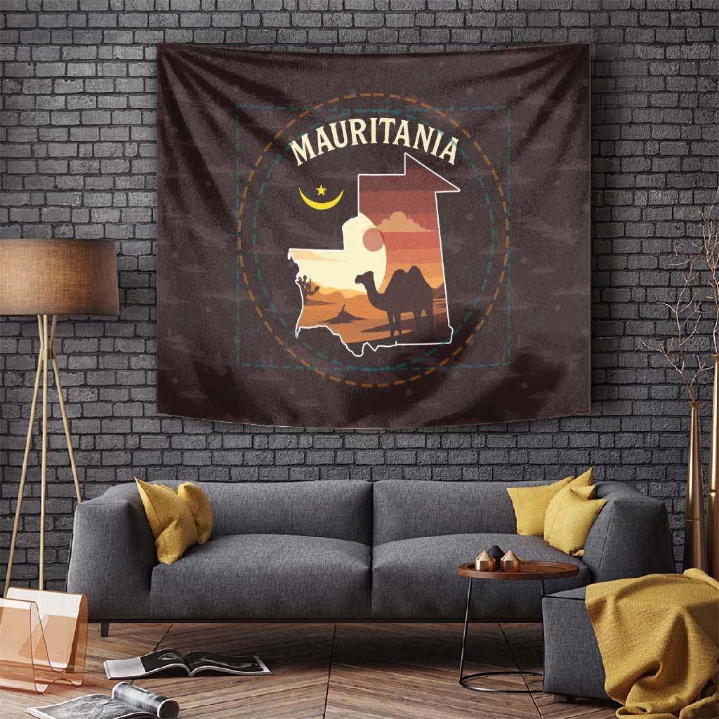 Mauritania Tapestry - Desert Sunset Camel Silhouette and Flag Accents