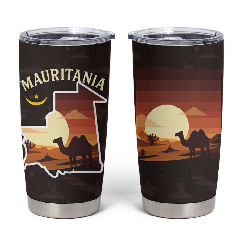 Mauritania Tumbler Cup - Desert Sunset Camel Silhouette and Flag Accents