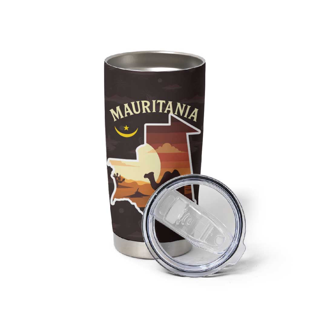 Mauritania Tumbler Cup - Desert Sunset Camel Silhouette and Flag Accents